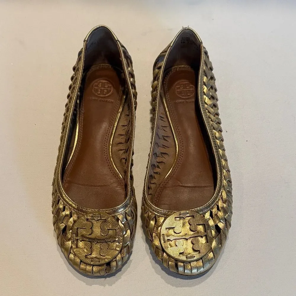 Tory Burch Metallic Gold Woven Logo Ballet Flats